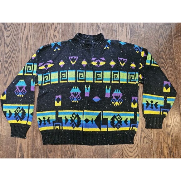 VTG 80s A Jane Adams Black Colorful Aztec AOP Sweater Women's Sz L Made in USA - Picture 1 of 10
